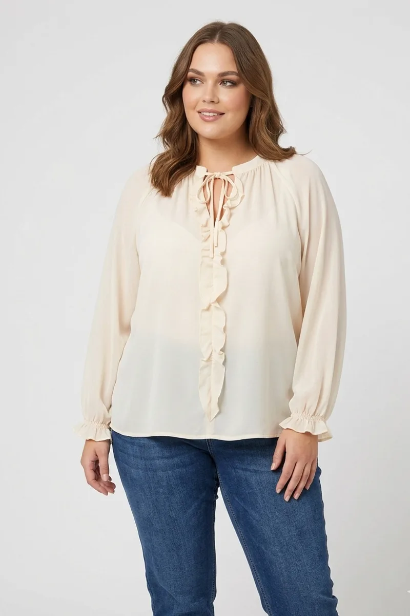 Μπλούζα με βολάν και δέσιμο σε άμμος χρώμα plus size