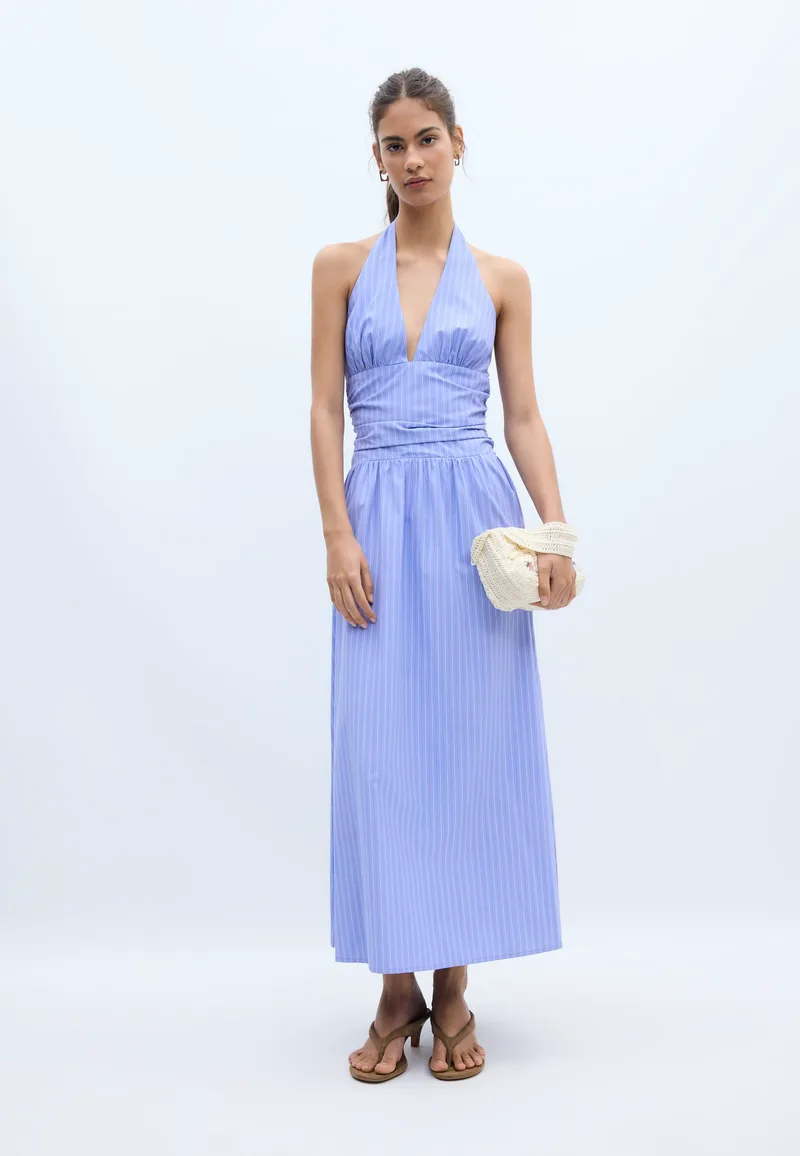 Stradivarius Μίντι Φόρεμα Από Ποπλίνα Με Λαιμόκοψη Halter Μπλε M