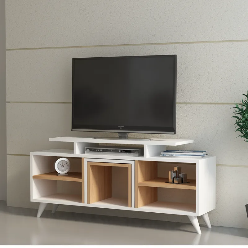 Έπιπλο Τηλεόρασης Kutay - White, Teak 788Dec3003 (120x56,9x29,5)