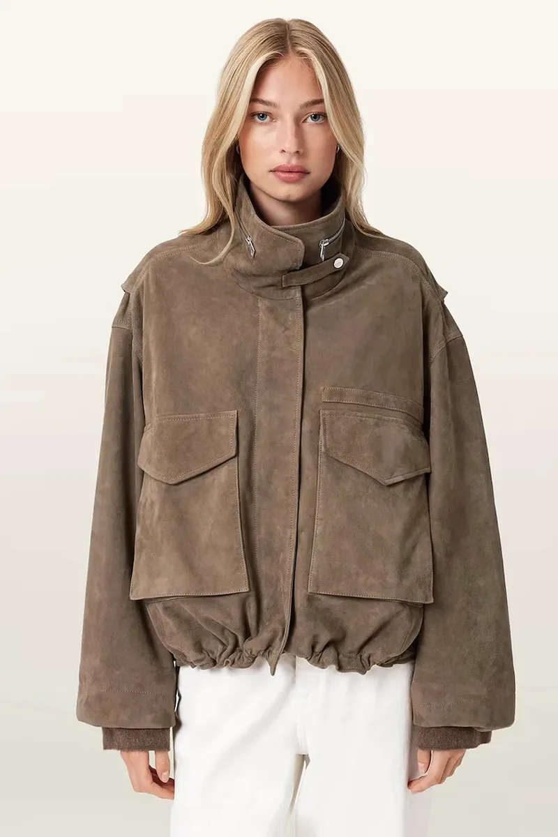 AllSaints μεταβατικό μπουφάν γυναικείο δέρμα σουέτ