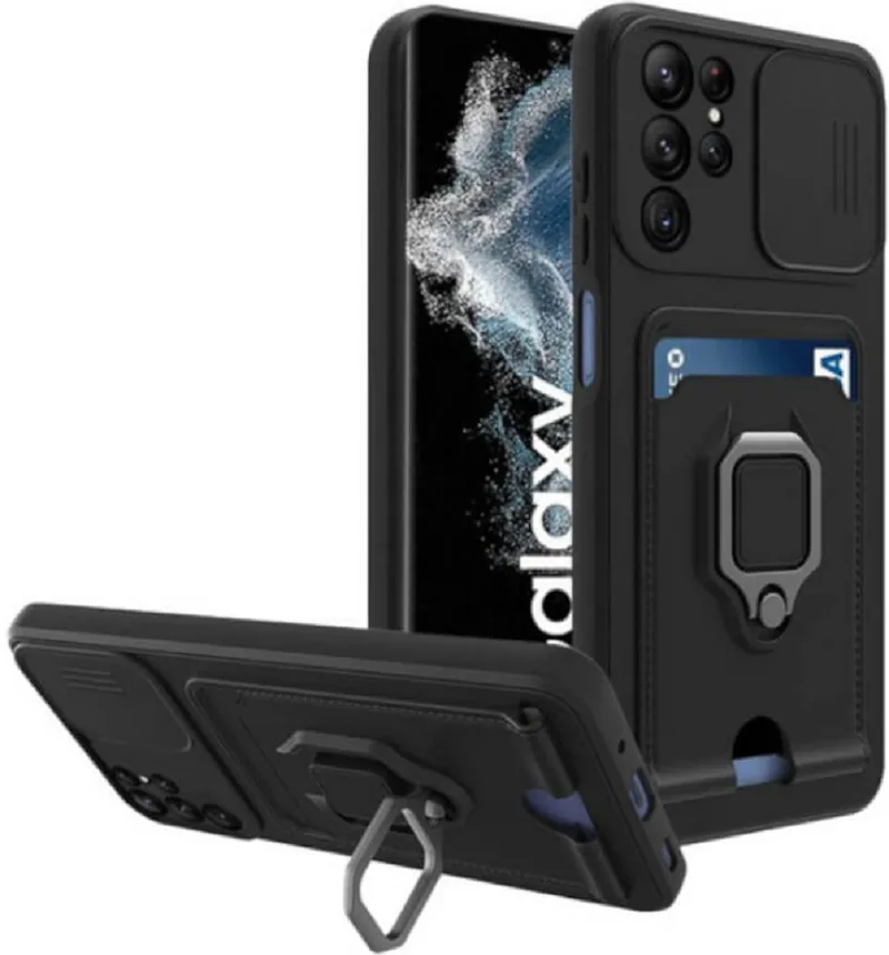 Bodycell Multifunction - Ανθεκτική Θήκη Samsung Galaxy S22 Ultra 5G με Λουράκι Λαιμού / Κάλυμμα Κάμερας / Ring Holder / Υποδοχή Κάρτας - Black (5206015004469)
