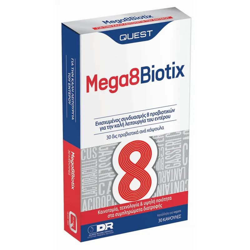 Quest Mega 8 Biotix Συμπλήρωμα Διατροφής Μοναδικής Σύνθεσης 8 Διαφορετικών Προβιοτικών για την Ενίσχυση της Μικροχλωρίδας του Εντέρου 30caps