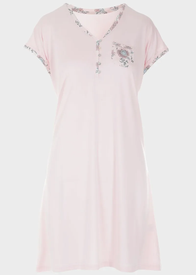Γυναικείο νυχτικό κοντό μανίκι τσεπάκι με print BABY PINK