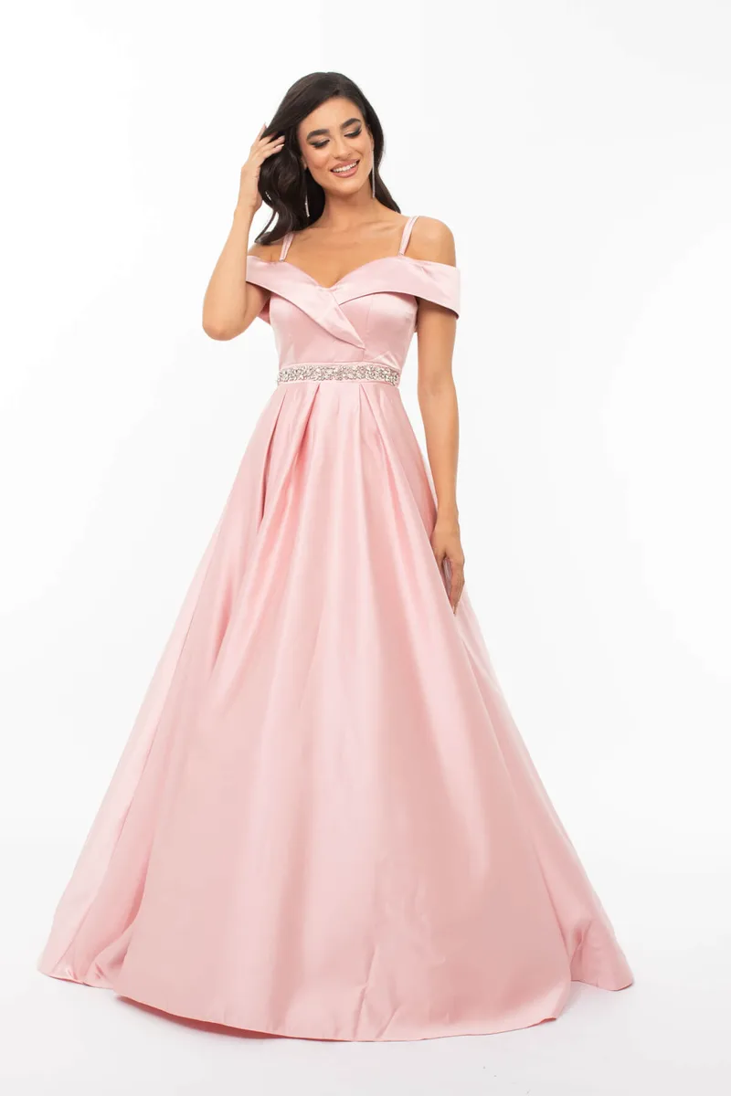ΦΟΡΕΜΑ ΜΑΚΡΥ ΣΑΤΕΝ OFF SHOULDER ΡΟΖ ΡΟΖ