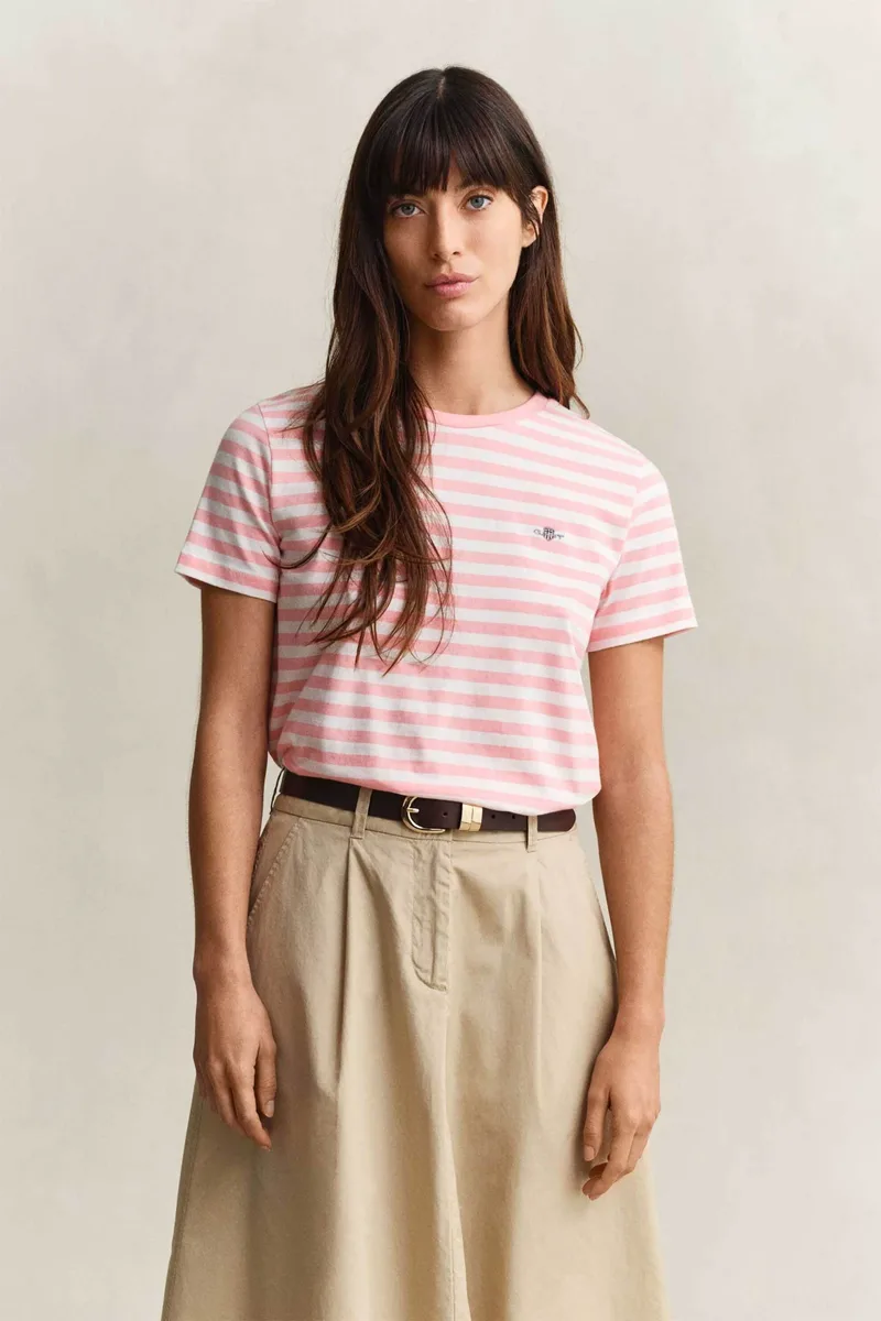 Gant γυναικείο T-shirt με ριγέ σχέδιο και κεντημένο λογότυπο Regular Fit - 4200564 Ροζ