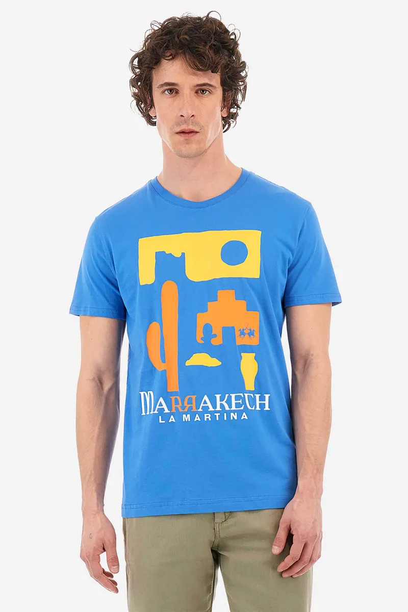 La Martina ανδρικό T-shirt μονόχρωμο βαμβακερό με contrast print μπροστά "Yusef" - YMR320-JS395