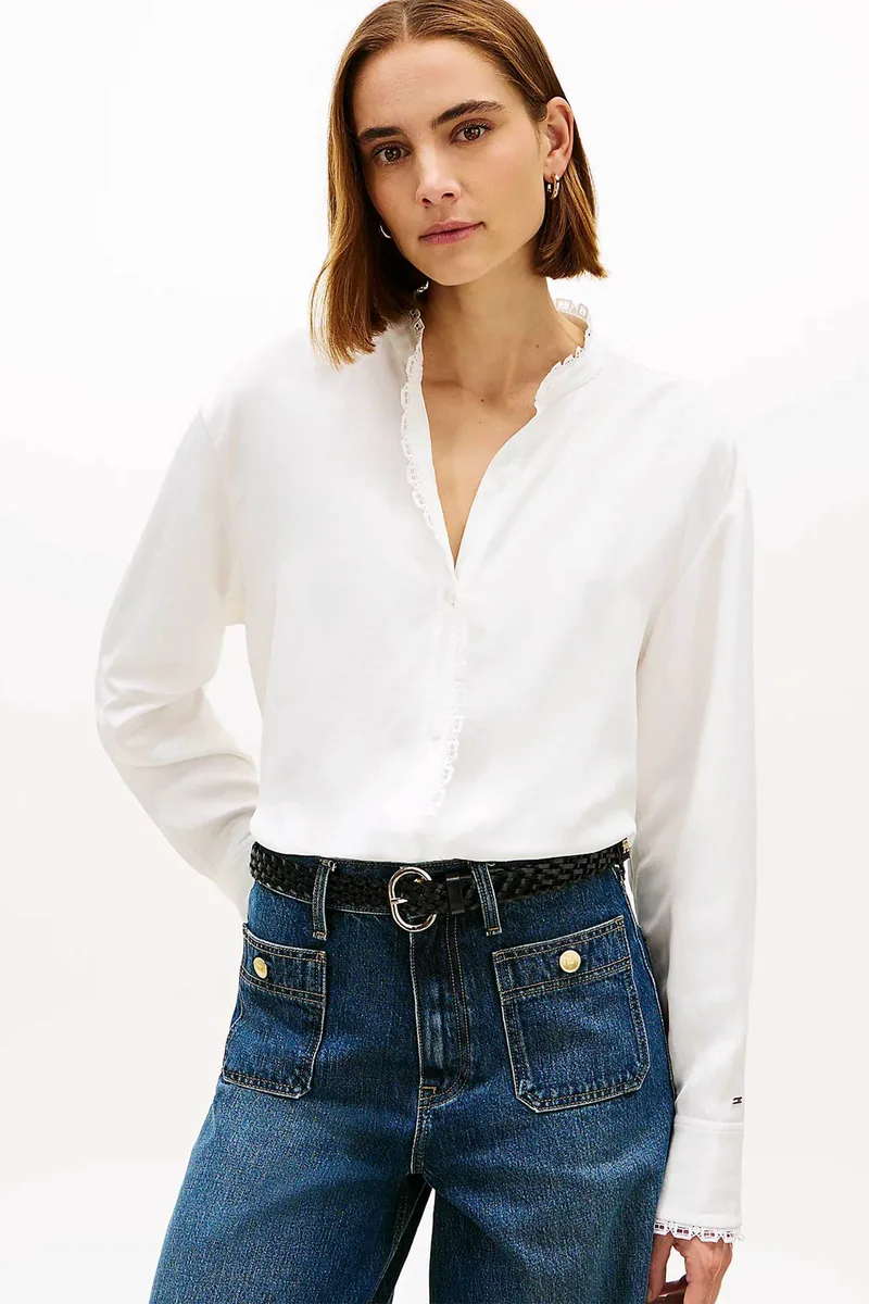 Tommy Hilfiger γυναικείο πουκάμισο με δαντέλα στα τελειώματα Oversized Fit - WW0WW48654 Εκρού