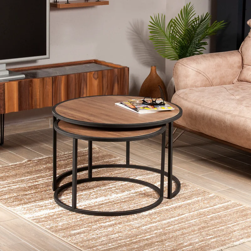 Τραπεζάκια Ζιγκόν (Σετ 2 Τεμαχίων) Tambur - Walnut 875Zna3302 66x43x66 cm