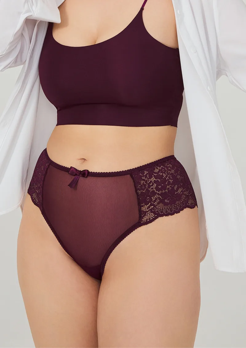 Brazilian Σλιπ Plus Size με Δαντέλα & Διαφάνεια - Μπορντώ