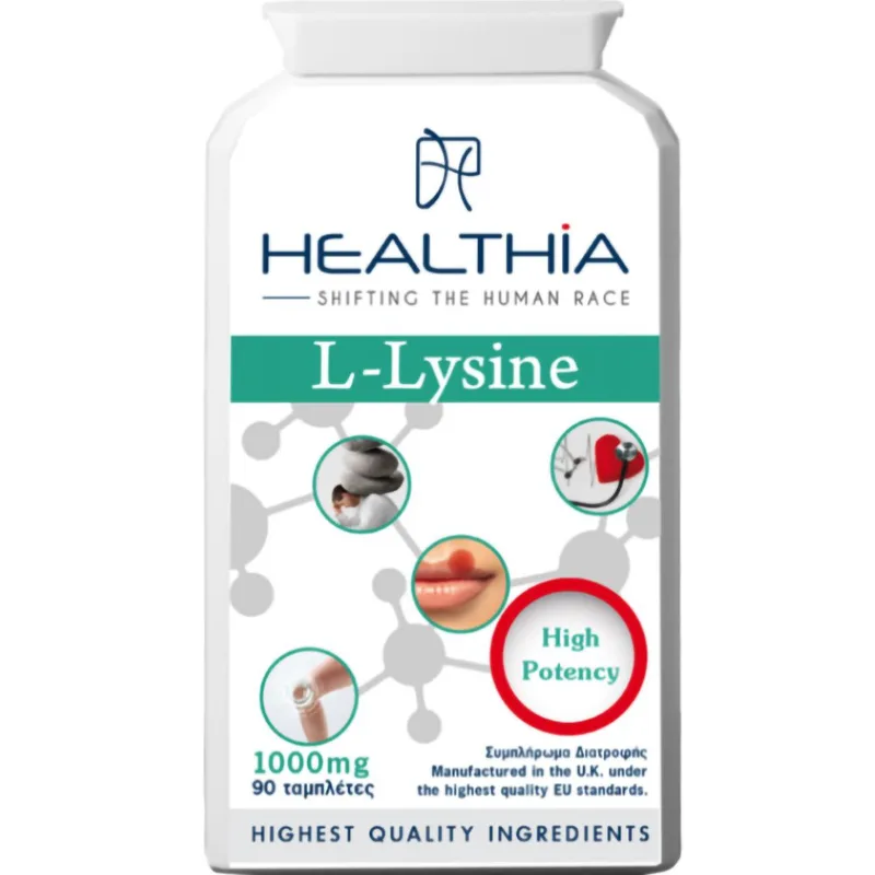 Healthia L-Lysine 1000mg High Potency Συμπλήρωμα Διατροφής Αμινοξέος Λυσίνης Υψηλής Ισχύος για την Αποτοξίνωση του Ήπατος & Πρόληψη Επανεμφάνισης του Ιού του Επιχείλιου Έρπητα & Άλλων Ιογενών Λοιμώξεων 90tabs