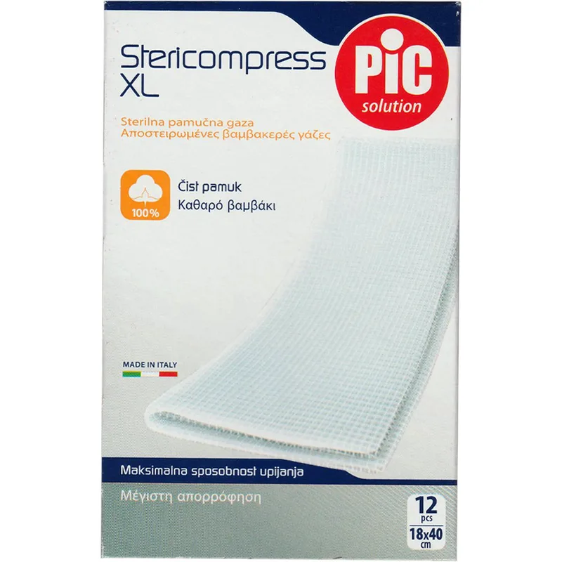 Pic Solution Stericompress XL Sterile Gauze Bandage Αποστειρωμένες Γάζες Υψηλής Απορροφητικότητας από Αγνό Βαμβάκι 12 Τεμάχια - 18cm x 40cm
