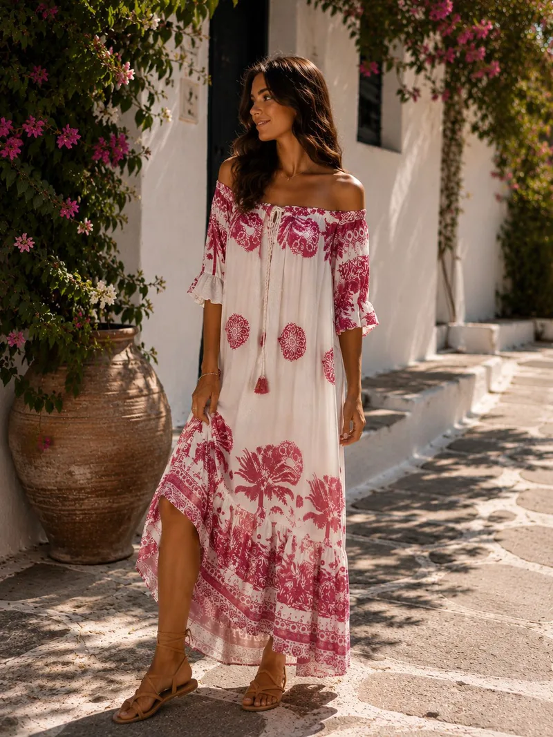 Boho Maxi Φόρεμα Off Shoulder Με Ethnic Print - Ροζ | Dress Up Ροζ