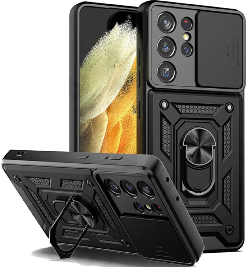Bodycell Armor Slide - Ανθεκτική Θήκη Samsung Galaxy S21 Ultra 5G με Κάλυμμα για την Κάμερα & Μεταλλικό Ring Holder - Black (5206015011931)