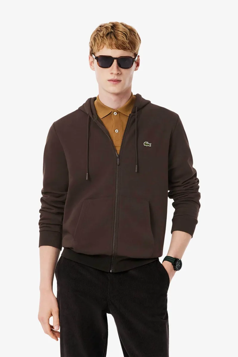 Lacoste ανδρική ζακέτα φούτερ με κουκούλα και κεντημένο λογότυπο Classic Fit - SH9626 Καφέ