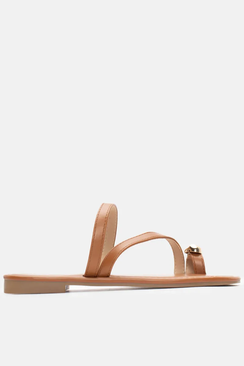 Flat Σανδάλια Thong Flat με Μερταλλική Λεπτομέρεια - Κάμελ