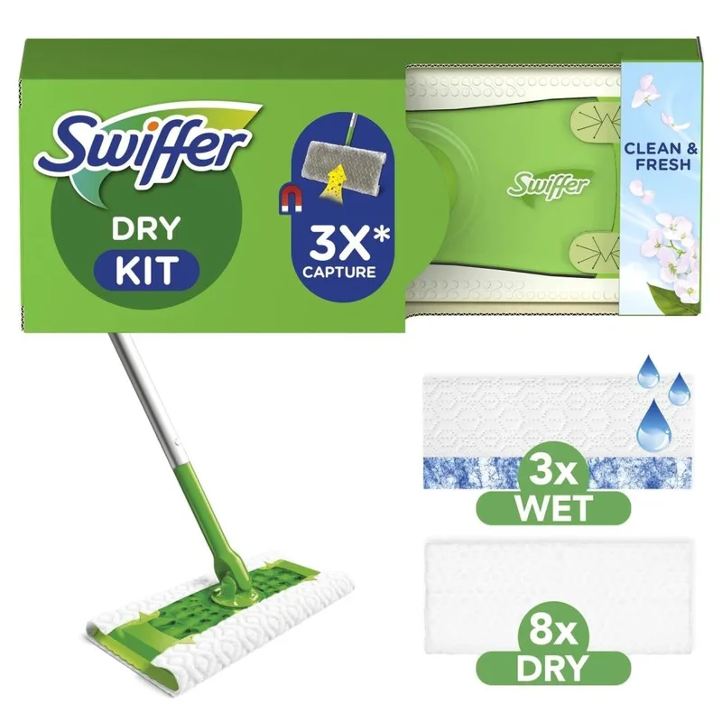 Swiffer Sweeper Starter Dry Κιτ Με 1 Σκούπα, 8 Στεγνά Πανάκια & 3 Υγρά Πανάκια