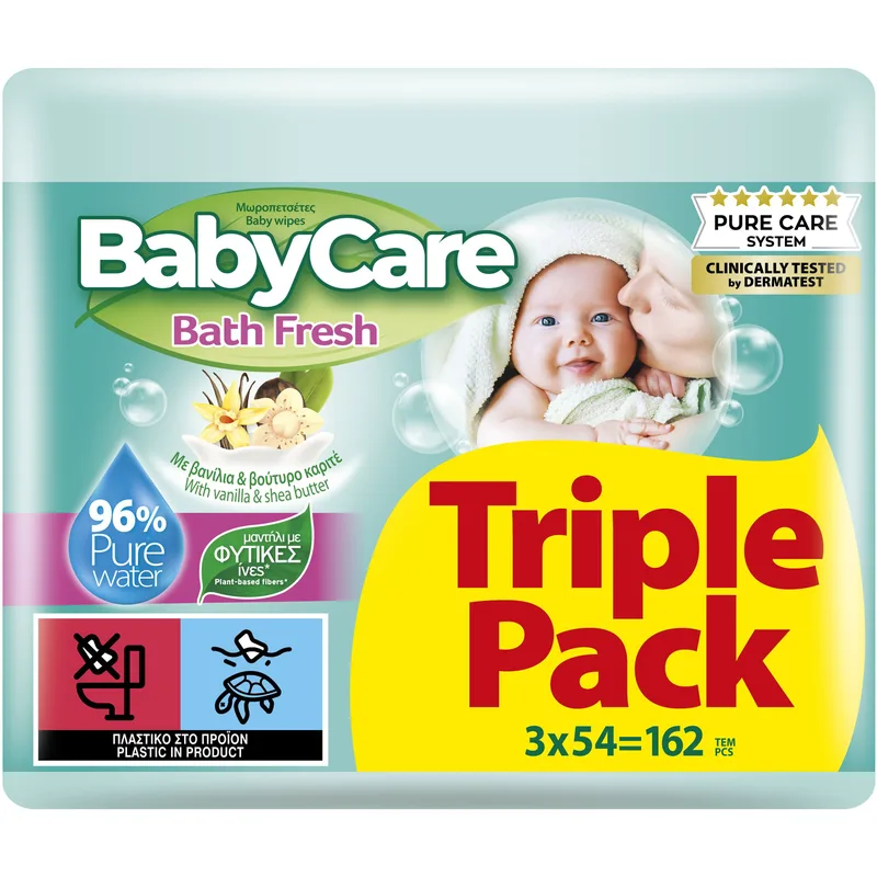 BabyCare Bath Fresh Wipes Triple Pack Μωρομάντηλα με Ίνες Φυτικής Προέλευσης, Εκχύλισμα Βανίλιας & Βούτυρο Καριτέ 162 Τεμάχια (3x54 Τεμάχια)