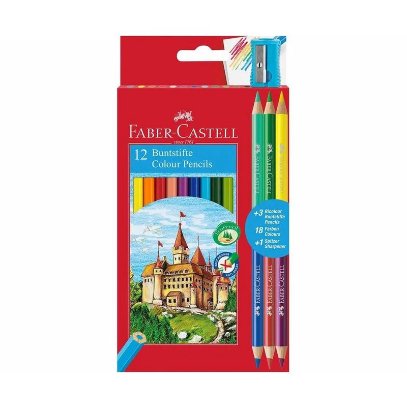 Ξυλομπογιές Faber-Castell σετ 12 τμχ + 3 ξυλομπογιές δύο χρωμάτων + ξύστρα