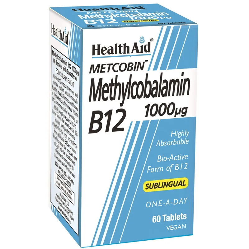 Health Aid Metcobin Methylcobalamin B12 1000μg Συμπλήρωμα Διατροφής Βιταμίνης Β12 για Ενέργεια & Καλή Λειτουργία του Νευρικού & Κυκλοφορικού Συστήματος σε Υπογλώσσια Δισκία με Γεύση Φραγκοστάφυλο 60tabs