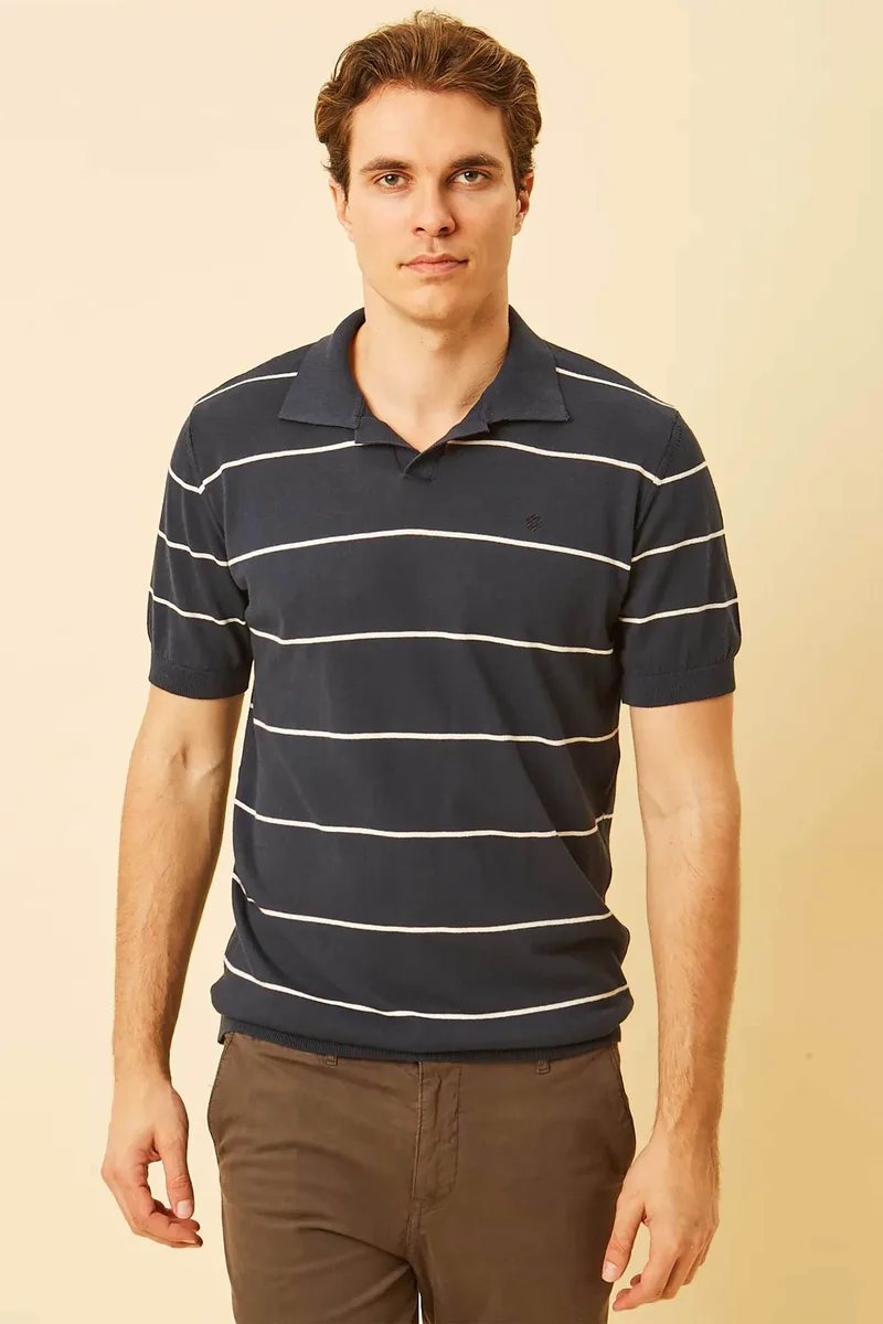 DORS ανδρική πλεκτή μπλούζα πόλο με V open-collar και ριγέ σχέδιο Regular Fit - 1240004.C02 Μπλε Σκούρο