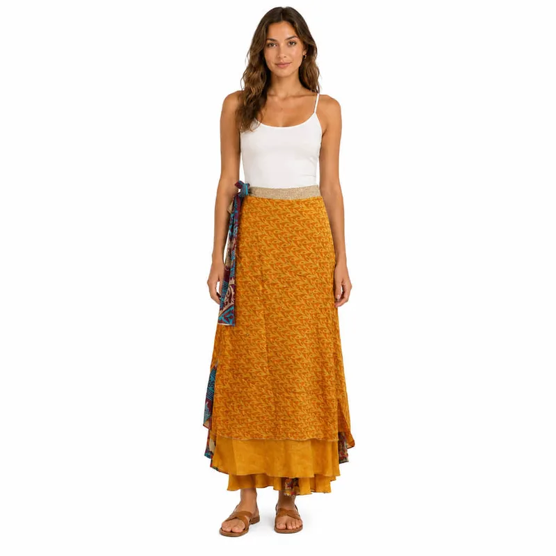 Μακριά Φούστα Boho με Εμπριμέ Σχέδια Μουσταρδί 27493