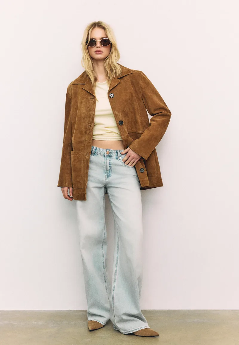 Stradivarius Δερμάτινο Μπουφάν Με Τσέπες Καφέ M