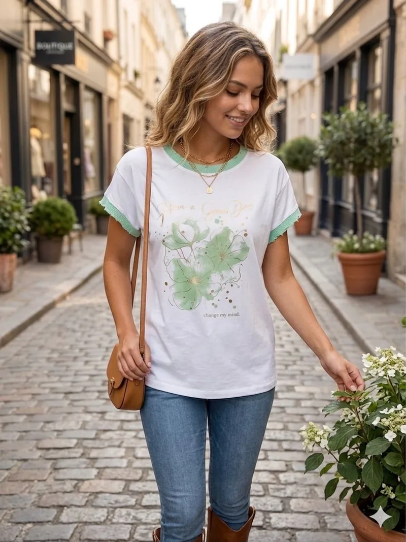 T-Shirt Με Floral Print Και Μήνυμα “Have A Good Day” – Βεραμάν | Dress Up Βεραμάν