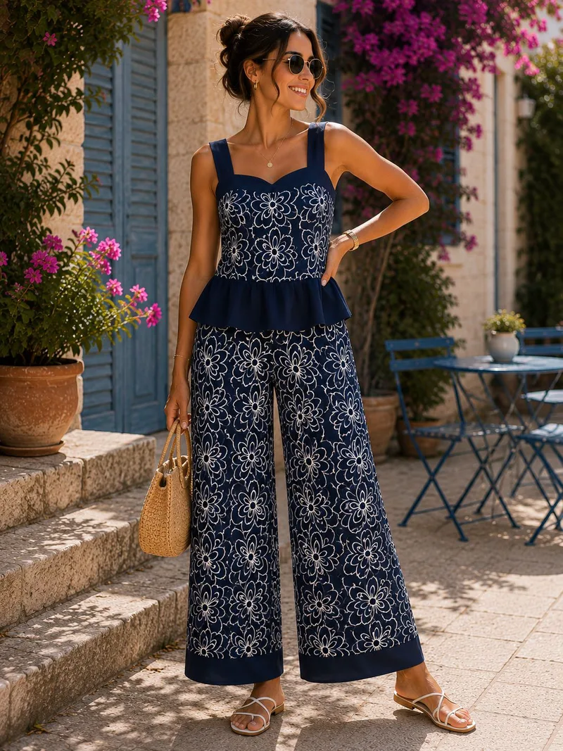 Floral Σετ Τοπ & Παντελόνα - Μπλε | Dress Up Μπλε