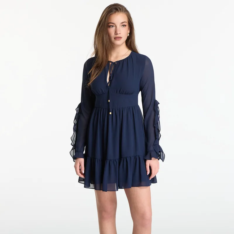 Φόρεμα Michael Kors Ruffled Georgette Long-Sleeve Dress Midnight Blue S