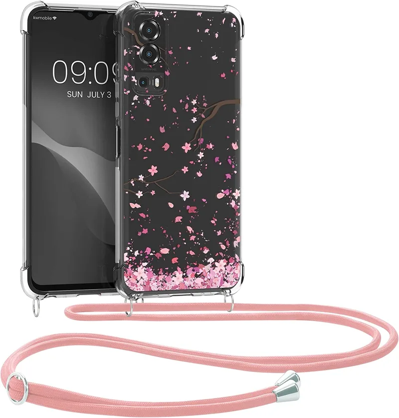 KWmobile Διάφανη Θήκη Σιλικόνης με Λουράκι Λαιμού - Vivo Y72 5G - Cherry Blossoms Ροζ Petals / Dark Brown / Transparent (59898.01)