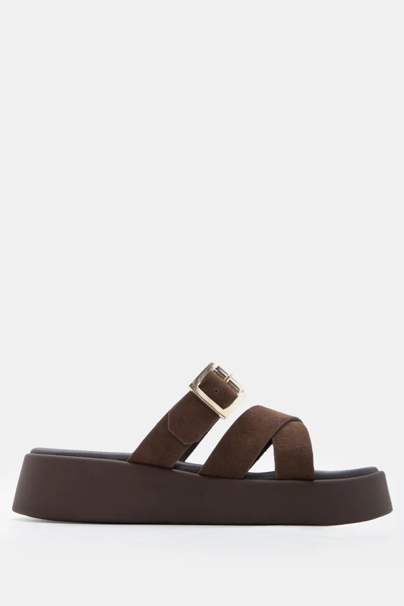 LUIGI DESIGN - Δερμάτινες Πλατφόρμες Flatform με Τόκα & Χιαστί Λουράκια - Καφέ Σκούρο