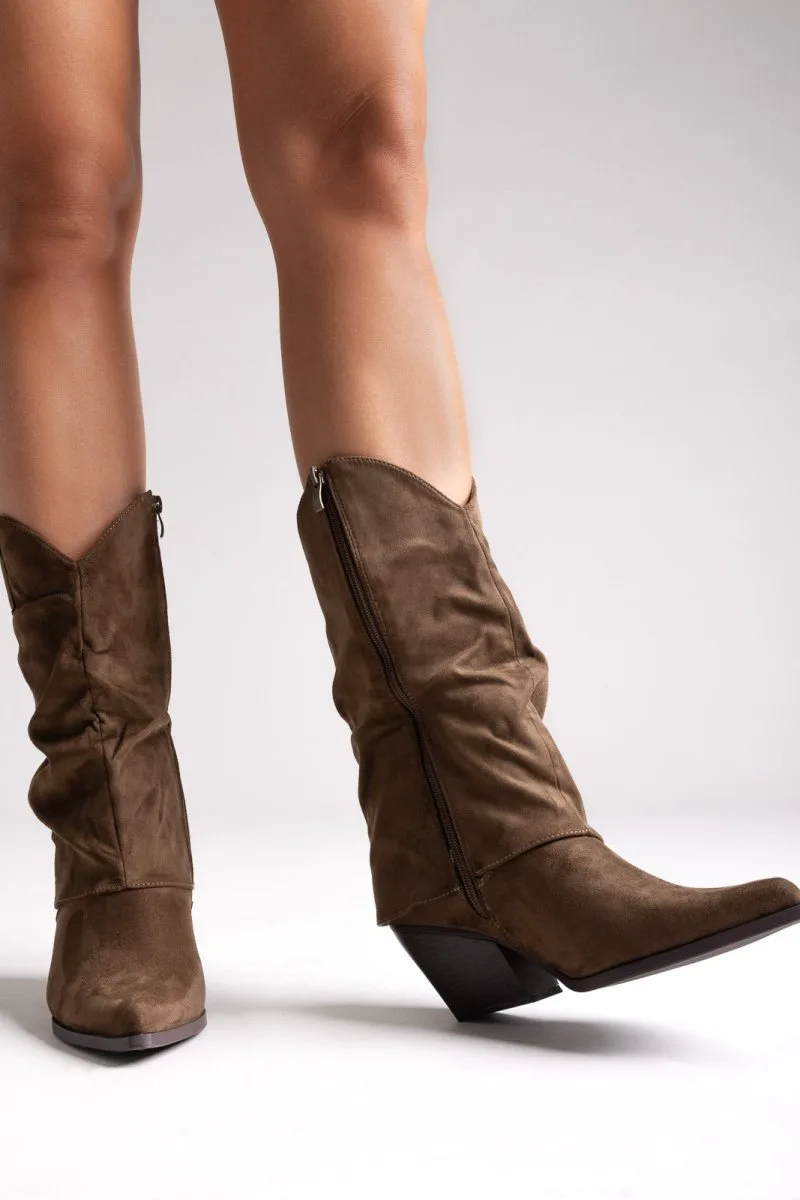 BOTEGGA 22 Pointed Suede Cowboy Mid-Calf Boots - 181-196 - Khaki Green Suede