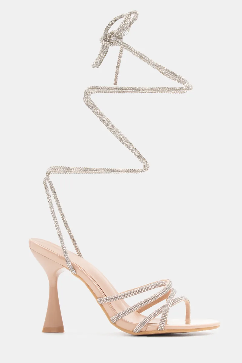 Πέδιλα Lace Up με Strass - Nude