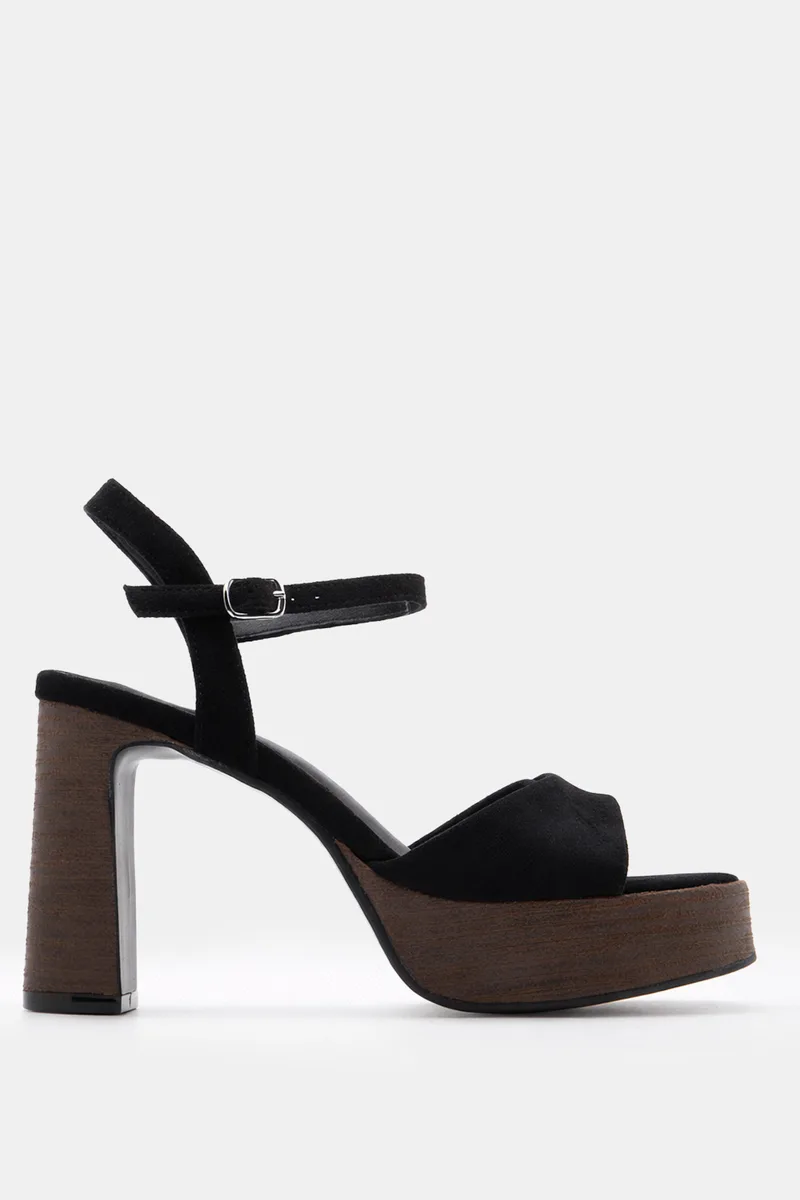 Πέδιλα Suede με Φιάπα & Χοντρό Τακούνι σε Wood Look - Μαύρο