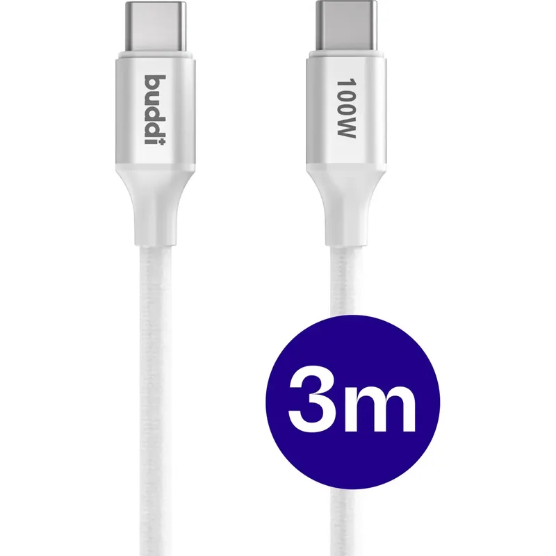 Καλώδιο Buddi Flex Φόρτισης & Μεταφοράς Δεδομένων Type-C σε Type-C 300cm 100W 5 Έτη Εγγύηση - White (8719246560347)