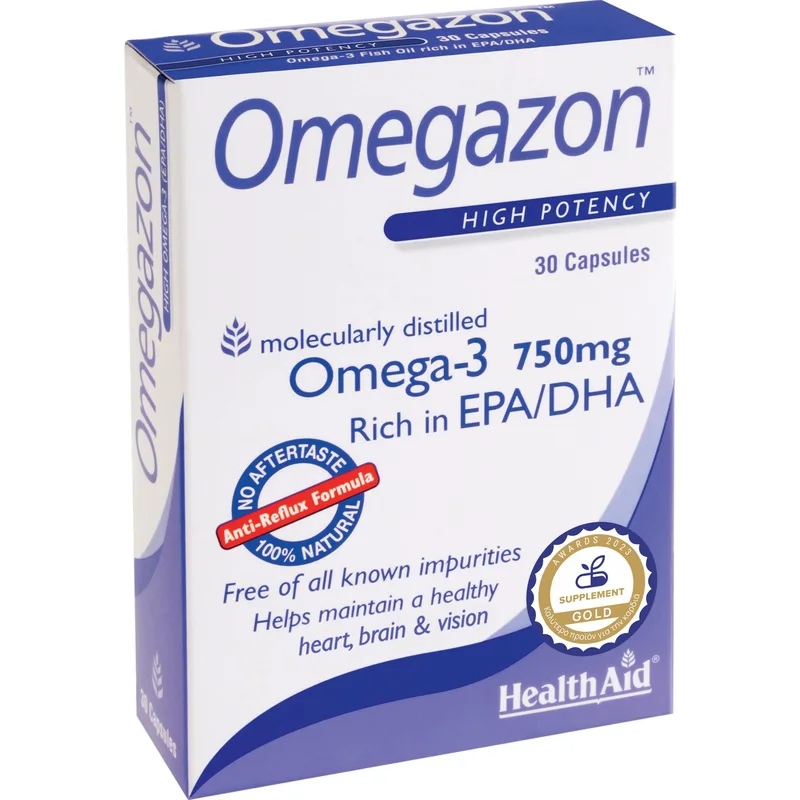 Health Aid Omegazon Omega-3 750mg Συμπλήρωμα Διατροφής Συμπυκνωμένου Ιχθυελαίου Πλούσιο σε Ωμέγα 3 & Βιταμίνη Ε για την Καλή Λειτουργία του Καρδιαγγειακού Συστήματος, Ομαλή Αρτηριακή Πίεση & Καλή Όραση Χωρίς Επίγευση Ψαριού 30caps