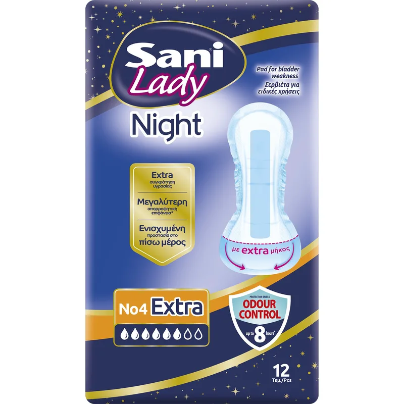 Sani Lady Night No4 Extra 12 Τεμάχια Γυναικείες Σερβιέτες Νυκτός για Βαριά Μορφή Ακράτειας