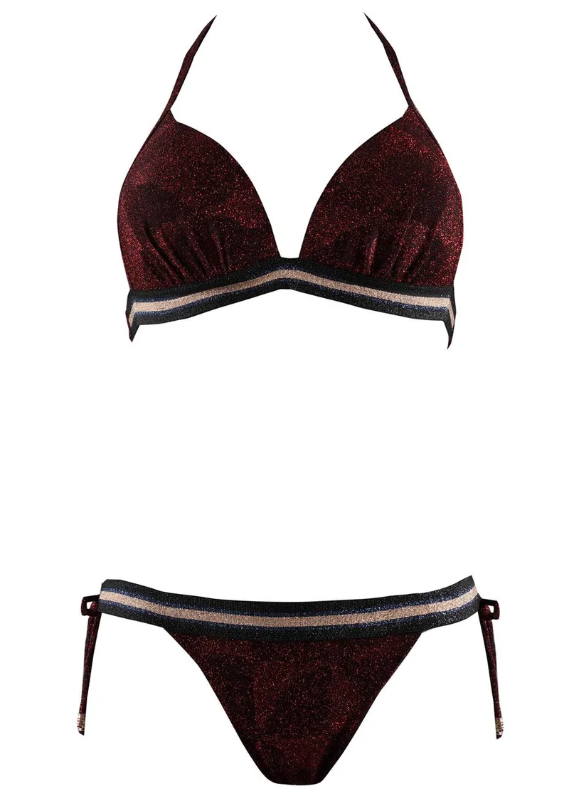 Γυναικείο μαγιό τρίγωνο ενίσχυση bikini δετό παρτό. Καλύπτει B & C cup. ΜΠΟΡΝΤΩ