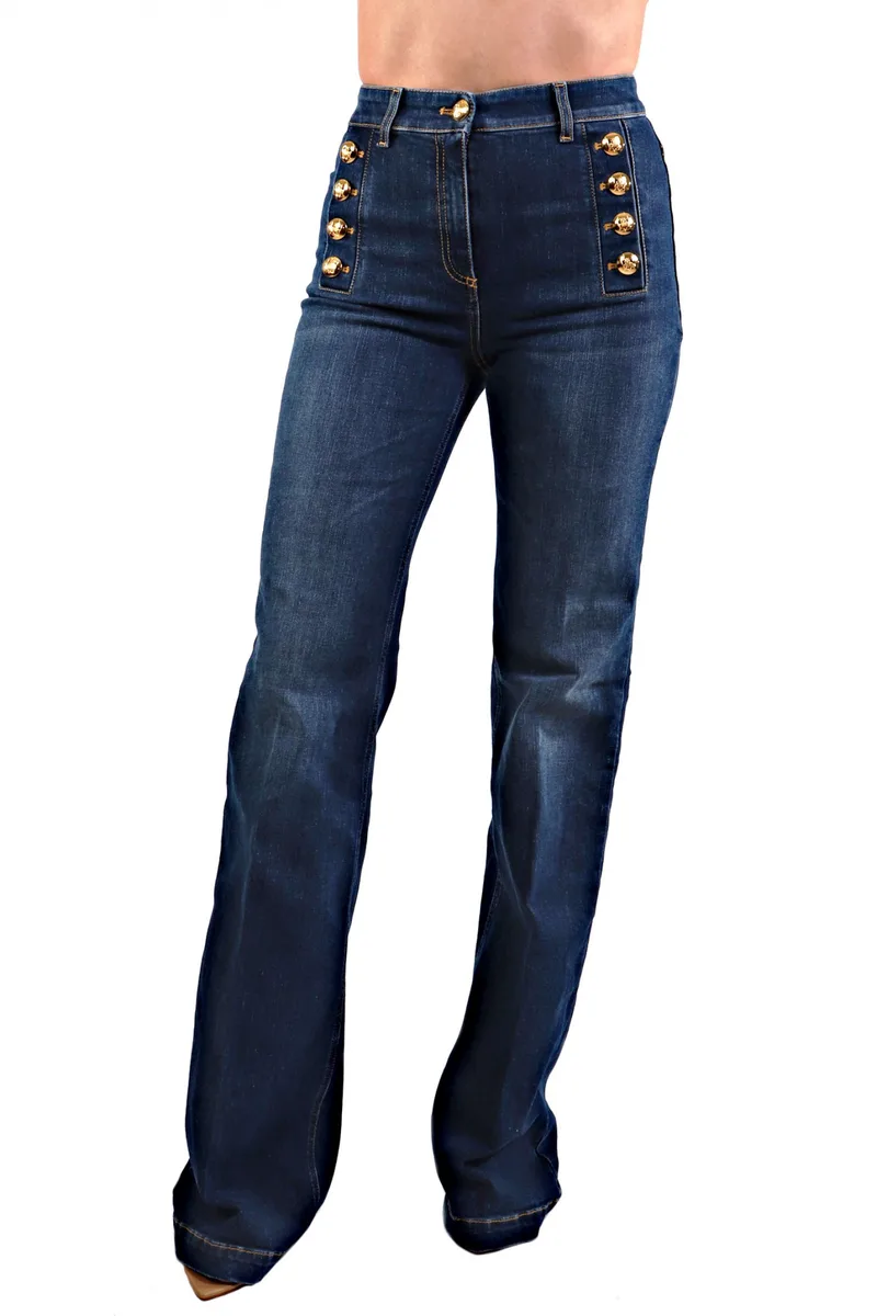 ELISABETTA FRANCHI ΠΑΝΤΕΛΟΝΙ JEANS FLARE ΨΗΛΟΜΕΣΟ ΚΟΥΜΠΙΑ ΧΡΥΣΑ ΤΣΕΠΕΣ ΜΠΛΕ
