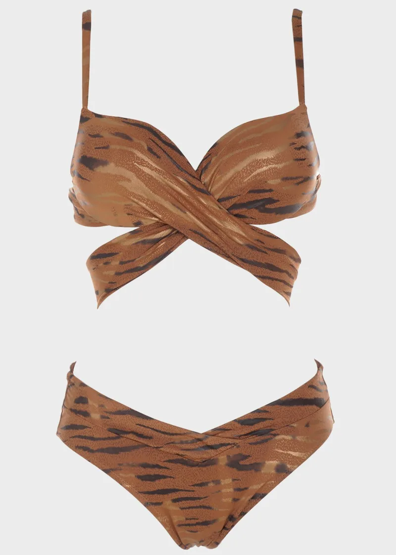 Σετ μπικίνι animal print slip κανονική γραμμή.Καλύπτει B Cup MARRON