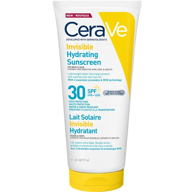 Cerave Invisible Hydrating Spf30 Sunscreen Αντηλιακό Προσώπου & Σώματος Υψηλής Προστασίας Κατάλληλο για Ευαίσθητο Δέρμα για Παιδιά & Ενήλικες 177ml