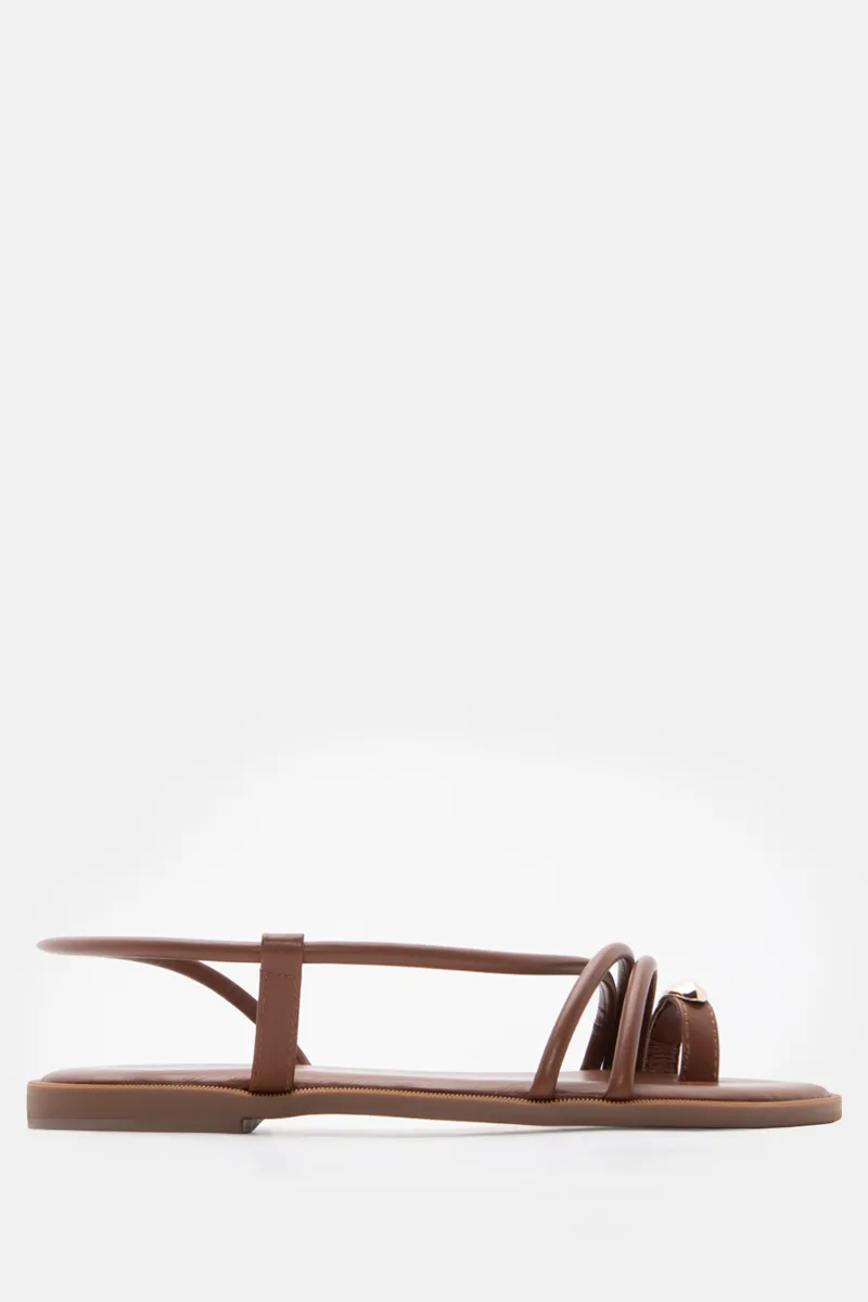 LUIGI DESIGN - Flat Σανδάλια με Λοξό Λουράκι με Μεταλλική - Καφέ