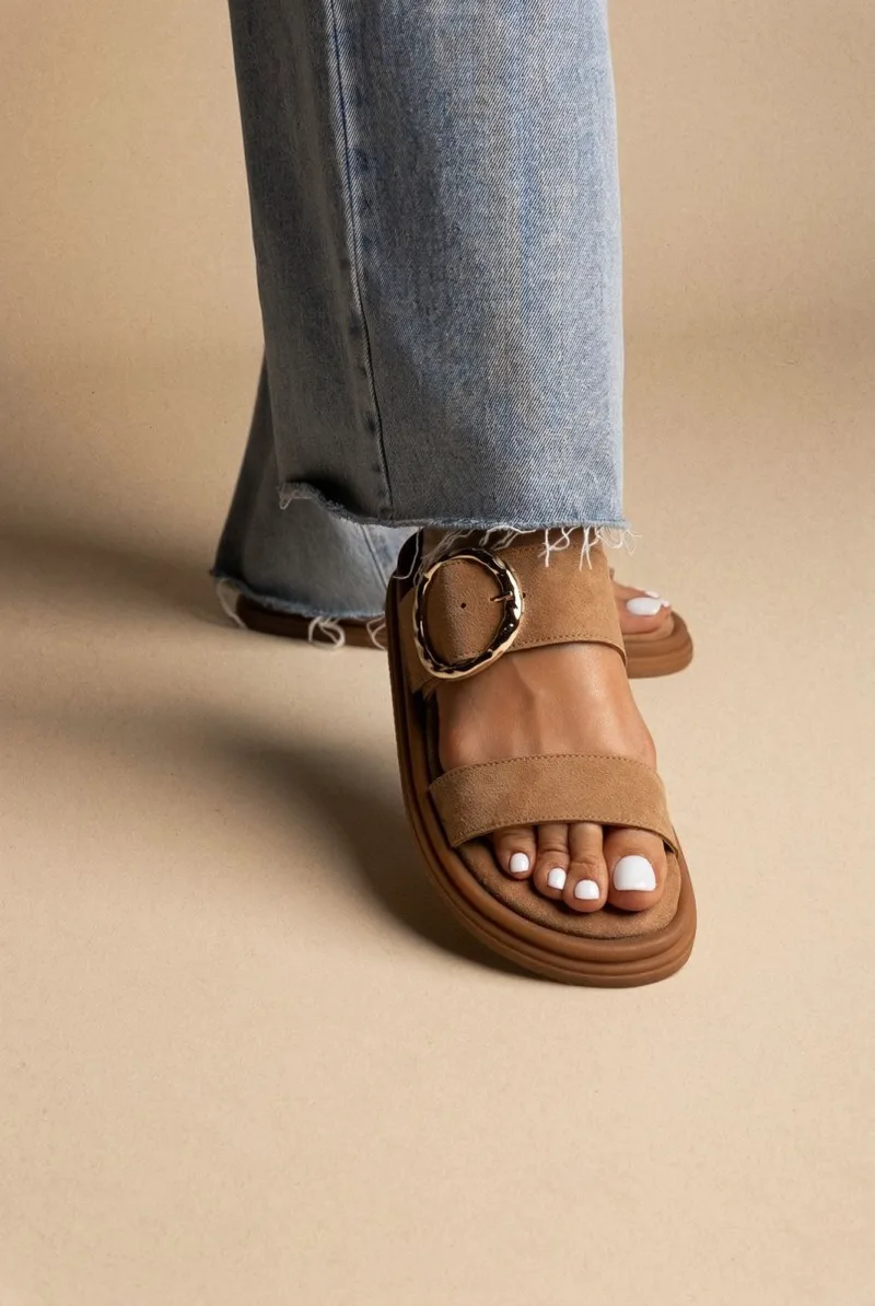 Estil Flatform σανδάλια με αγκράφα - NK26-1823 - Μπεζ Suede