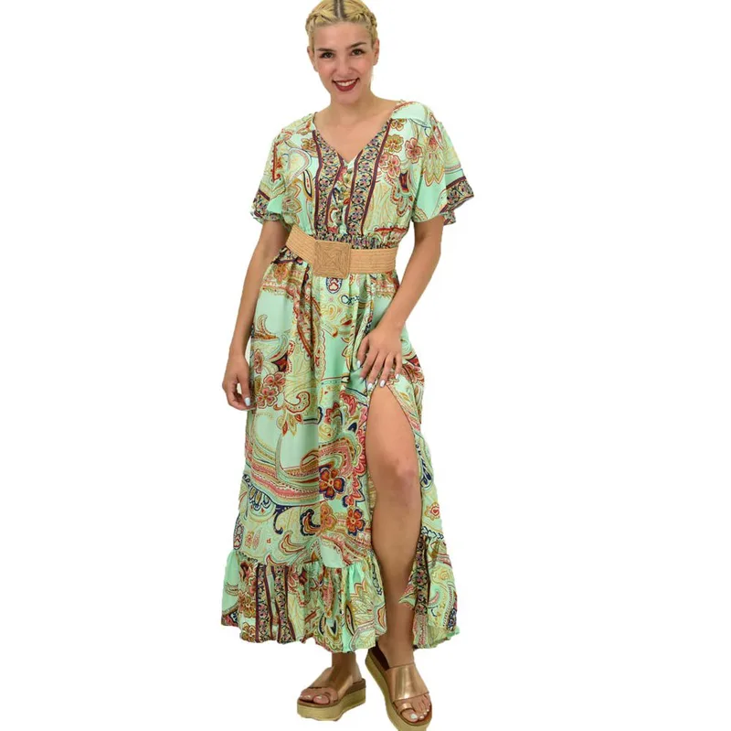 Γυναικείο μεταξωτό boho φόρεμα με κουμπιά χωρίς ζώνη Φυστικί 20982