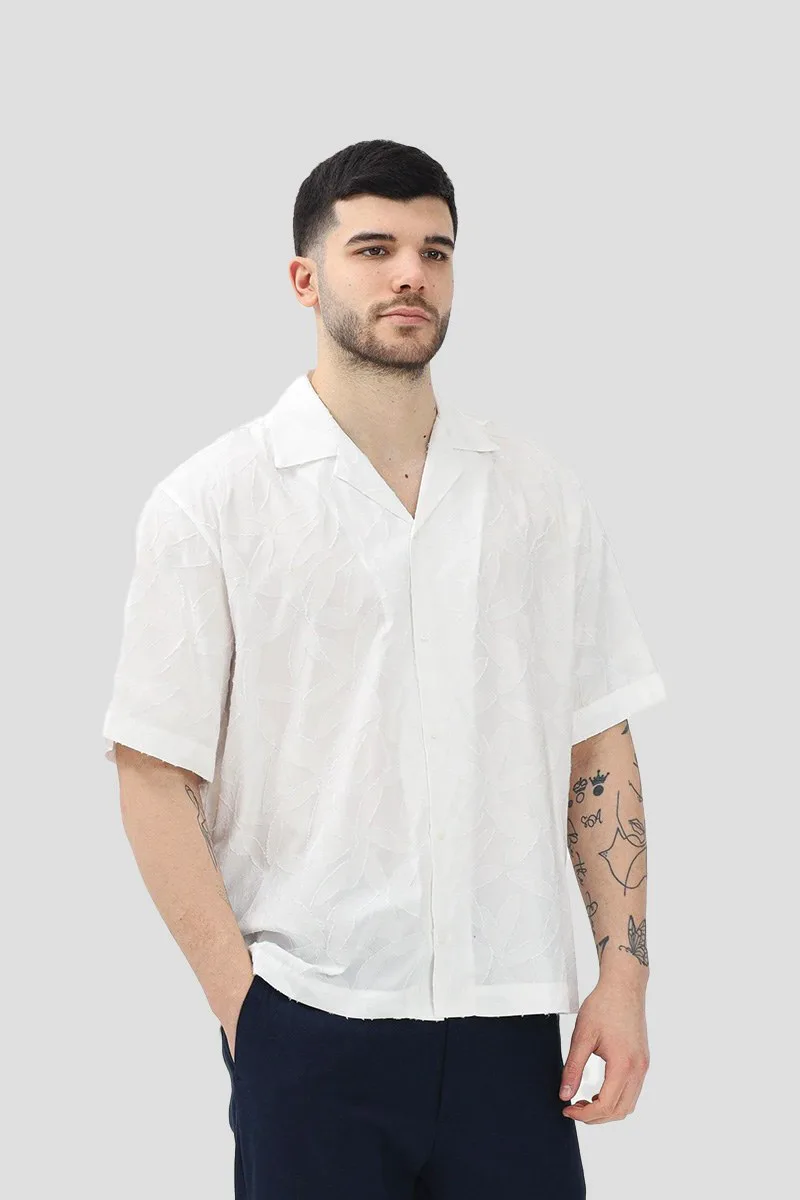 I'M BRIAN Ανδρικό Λευκό White Short Sleeve Shirt Featuring Leaf Design