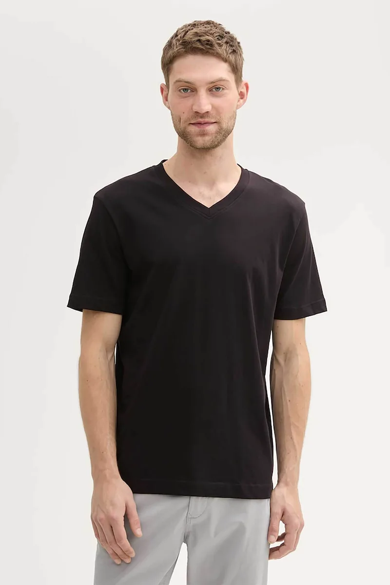 Tom Tailor σετ ανδρικά T-shirt μονόχρωμα με v λαιμόκοψη (2 τεμάχια) - 1037738 Μαύρο