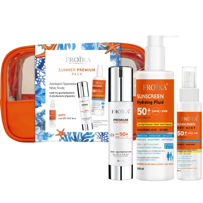 Froika Promo Premium Sunscreen Spf50+, 50ml & Hydrating Fluid Antioxidant Spf50+, 250ml & Δώρο Dry Mist Body Sunscreen Spf50+, 80ml & Νεσεσέρ 1 Τεμάχιο