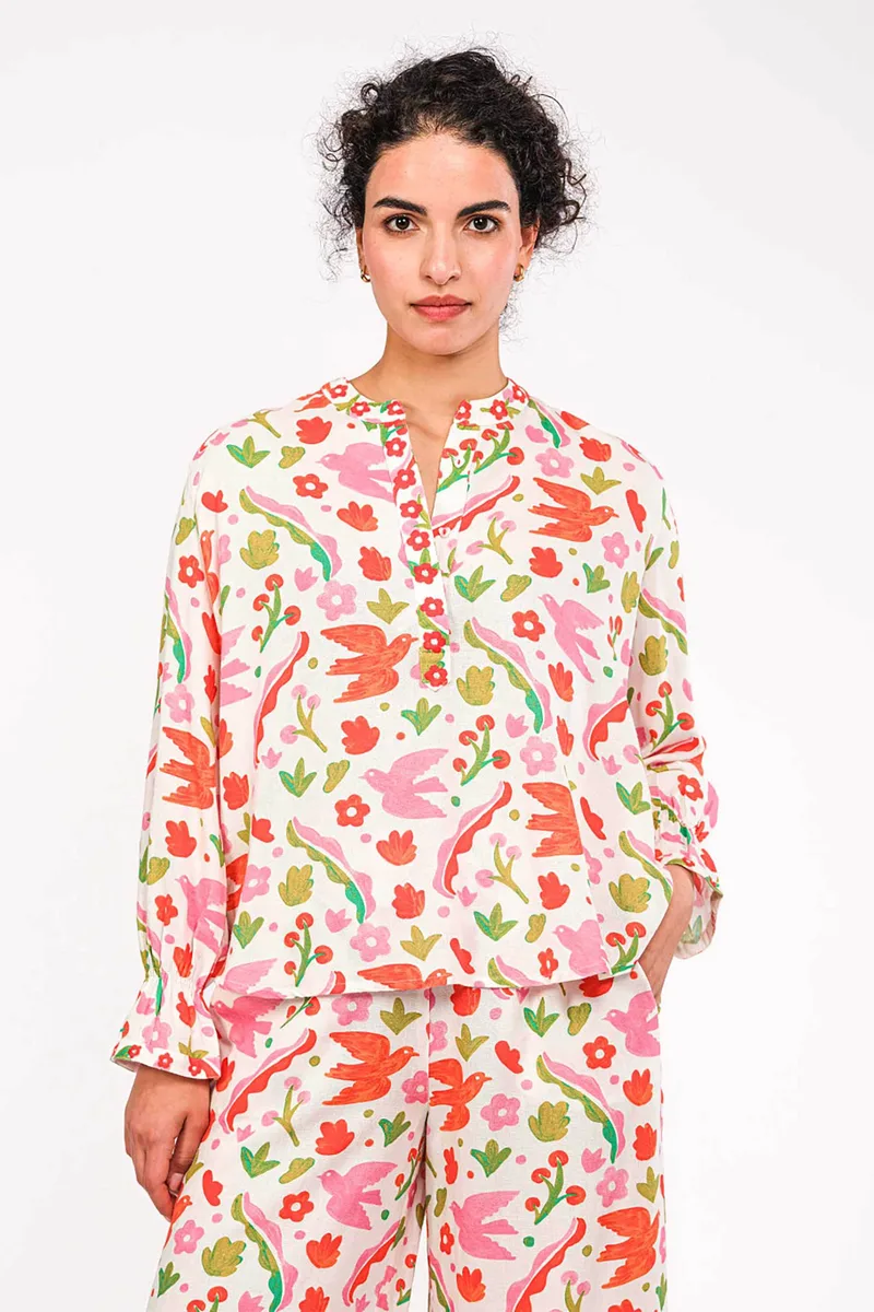 Nimo With Love γυναικεία μπλούζα με print "Broom Ikat Red" - Broom Blouse Κοραλί