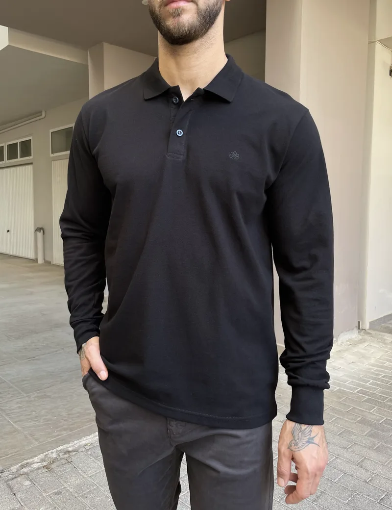 Everbest Ανδρική μαύρη πικέ Polo μακρυμάνικη μπλούζα Plus size 2610200M