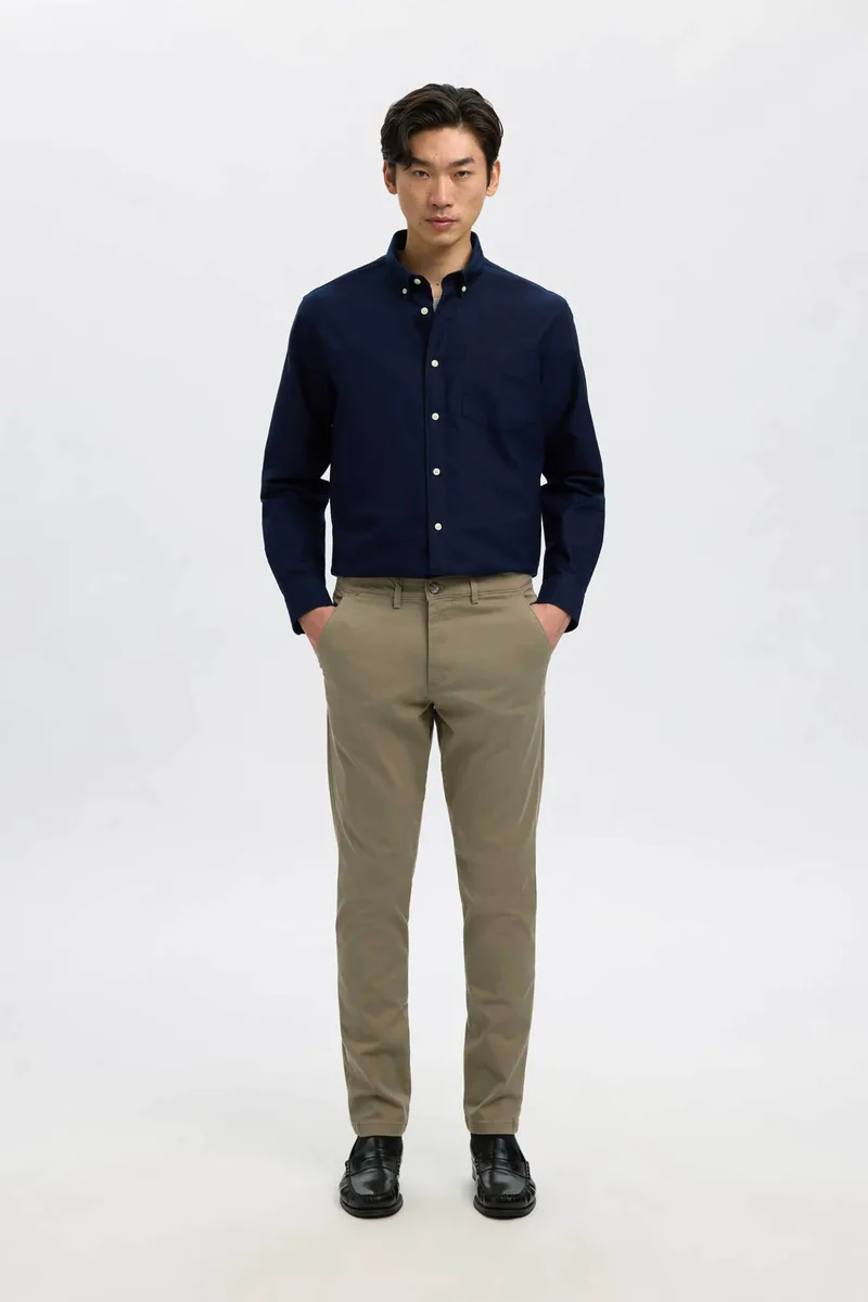 Selected ανδρικό παντελόνι chino μονόχρωμο Slim Fit - 16087663 Λαδί